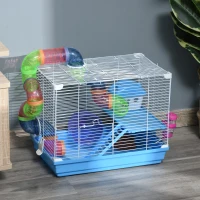 Pawhut 2 Tier Hamster Cage Carrier Habitat Small Animal House with Exercise Wheels Tunnel Tube Water Bottle Dishes House Ladder for Dwarf Mice, Blue(m-2)