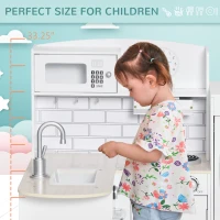 HOMCOM Kids Play Kitchen Wooden Toy Kitchen Cooking Set for Children with Drinking Fountain, Microwave, and Fridge White(m-7)