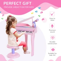 HOMCOM 37 Keys Kids Mini Electronic Keyboard Children Grand Piano with Stool Microphone Light Musical Instrument Educational Game Toy Set (Pink)(m-4)