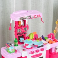 HOMCOM 38 Pcs Kids Children Kitchen Play Set w/ Realistic Sounds Lights Food Utensils Pots Pans Appliances Toy Game Pink(m-8)