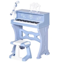 HOMCOM 37 Keys Kids Piano Mini Electronic Keyboard Light Kids Musical Instrument Educational Game Children Grand Piano Toy Set w/Stool & Microphone & Music Stand (Blue)(m-1)
