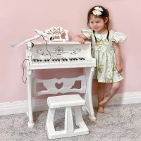 HOMCOM 37 Keys Kids Piano Mini Electronic Keyboard Light Kids Musical Instrument Educational Game Children Grand Piano Toy Set w/Stool & Microphone & Music Stand (White)(m-10)