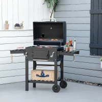 Outsunny Charcoal Grill BBQ Trolley with Adjustable Charcoal Height, Garden Smoker Barbecue with Folding Shelves, Thermometer on Lid, Bottle Opener, and Wheels(m-10)
