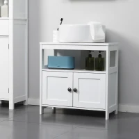 kleankin Pedestal Under Sink Cabinet with Double Doors, Modern Bathroom Vanity Storage Unit with Shelves, White(m-2)