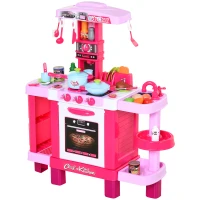 HOMCOM 38 Pcs Kids Children Kitchen Play Set w/ Realistic Sounds Lights Food Utensils Pots Pans Appliances Toy Game Pink(m-1)
