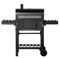 Outsunny Charcoal Grill BBQ Trolley with Adjustable Charcoal Height, Garden Smoker Barbecue with Folding Shelves, Thermometer on Lid, Bottle Opener, and Wheels(m-1)