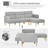 HOMCOM Sofá Cama con Chaise Longue de 3 Plazas Sofá Convertible con Reposapiés Movible Respaldo Ajustable y Reposabrazos 207x81x80 cm Gris Claro(m-4)