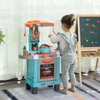 HOMCOM Kids Kitchen Play Set Children Chef Play Game Toy Cook Bake Boil w/ 33Pc Toy Accessories, Light, Sound - Blue(m-2)