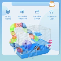 Pawhut 2 Tier Hamster Cage Carrier Habitat Small Animal House with Exercise Wheels Tunnel Tube Water Bottle Dishes House Ladder for Dwarf Mice, Blue(m-7)