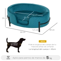 PawHut Sofá Cama para Mascotas Perros Pequeños Gatos con Cojín Acolchado Desmontable Base de Metal Bordes Elevados 64x40x24 cm Turquesa(m-3)