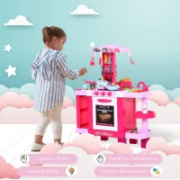 HOMCOM 38 Pcs Kids Children Kitchen Play Set w/ Realistic Sounds Lights Food Utensils Pots Pans Appliances Toy Game Pink(m-6)