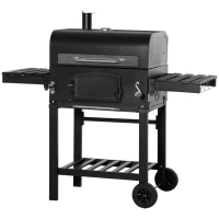 Outsunny Charcoal Grill BBQ Trolley with Adjustable Charcoal Height, Garden Smoker Barbecue with Folding Shelves, Thermometer on Lid, Bottle Opener, and Wheels(m-11)