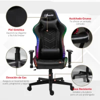 Vinsetto Silla Gaming Ergonómica Silla de Escritorio Giratoria Reclinable Ajustable en Altura con Reposabrazos 2D Luz LED Interfaz USB Reposacabezas y Cojín Lumbar PU 68x68x126-136 cm Negro(m-9)