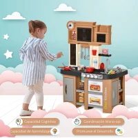 HOMCOM 58 PCS Kids Kitchen Play Cooking Toy Set, Educational Pretend Role Playset Game with Water Circulation, Light, Sound, Sink, Vegetable, Dish, Oven, Gifts for Girls Boys, 3-6 Years Old(m-8)