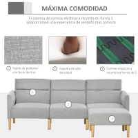 HOMCOM Sofá Cama con Chaise Longue de 3 Plazas Sofá Convertible con Reposapiés Movible Respaldo Ajustable y Reposabrazos 207x81x80 cm Gris Claro(m-7)