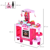 HOMCOM 38 Pcs Kids Children Kitchen Play Set w/ Realistic Sounds Lights Food Utensils Pots Pans Appliances Toy Game Pink(m-3)