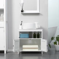 kleankin Pedestal Under Sink Cabinet with Double Doors, Modern Bathroom Vanity Storage Unit with Shelves, White(m-6)