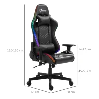 Vinsetto Silla Gaming Ergonómica Silla de Escritorio Giratoria Reclinable Ajustable en Altura con Reposabrazos 2D Luz LED Interfaz USB Reposacabezas y Cojín Lumbar PU 68x68x126-136 cm Negro(m-3)