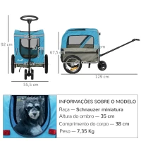 PawHut Reboque de Bicicleta para Cães 2 em 1 Carrinho para Animais de Estimação com Cinto de Segurança Guiador de Empurre Removível Bandeira e Refletores Carga Máxima 10kg 129x55,5x92cm Azul(m-3)