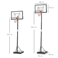 HOMCOM Tabela de Basquetebol Portátil Ajustável em Altura com Base Recarregável para Crianças e Adultos 86x165x302-352 cm Preto(m-3)