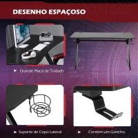 HOMCOM Secretária tipo gaming mesa de escritório com suporte para copos gancho e pés ajustáveis 120x65x74,5 cm preto(m-6)