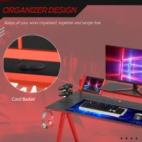 HOMCOM Gaming Desk Computer Table Gamer Workstation with Monitor Shelf, Gamepad Rack, Cup Holder, Headphone Hook, Cable Basket, Black Red(m-6)