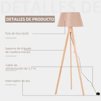 HOMCOM Lámpara de Pie Moderna de Madera para Dormitorio Estudio Salón con Luces E27 40W y Pulsador de Pie con Base Trípode Inoxidable Pantalla de Lino Beige 146cm(m-4)