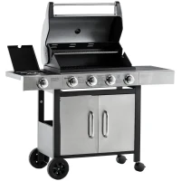 Outsunny Barbacoa de Gas con Ruedas Parrilla con 4+1 Quemadores 3 KW y Mesa Lateral Armario de Almacenaje Acero Inoxidable BBQ 128x50x113 cm Negro Plateado(m-1)