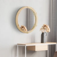 HOMCOM Espejo Redondo de Pared 78x78 cm Espejo Decorativo de Madera con 2 Ganchos Estilo Vintage para Salón Dormitorio Comedor Entrada Natural(m-2)