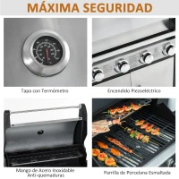 Outsunny Barbacoa de Gas con Ruedas Parrilla con 4+1 Quemadores 3 KW y Mesa Lateral Armario de Almacenaje Acero Inoxidable BBQ 128x50x113 cm Negro Plateado(m-6)