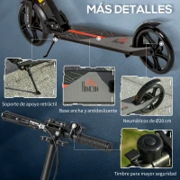 HOMCOM Patinete Plegable para Adultos y Niños de +14 Años Scooter Ligero con Manillar Altura Ajustable Grandes Ruedas Ø200 mm y Freno Aluminio 94x38x90-104 cm Negro(m-8)