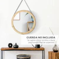 HOMCOM Espejo Redondo de Pared 78x78 cm Espejo Decorativo de Madera con 2 Ganchos Estilo Vintage para Salón Dormitorio Comedor Entrada Natural(m-6)