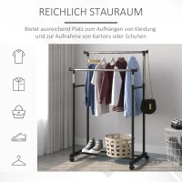 HOMCOM Garderobestandaard kledingstangen met 2 kledingstangen rolbaar in hoogte verstelbaar(m-6)