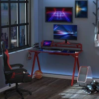 HOMCOM Gaming Desk Computer Table Gamer Workstation with Monitor Shelf, Gamepad Rack, Cup Holder, Headphone Hook, Cable Basket, Black Red(m-8)