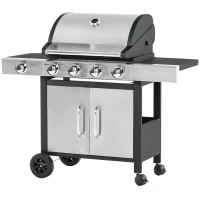 Outsunny Barbacoa de Gas con Ruedas Parrilla con 4+1 Quemadores 3 KW y Mesa Lateral Armario de Almacenaje Acero Inoxidable BBQ 128x50x113 cm Negro Plateado(m-11)