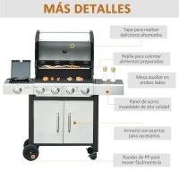 Outsunny Barbacoa de Gas con Ruedas Parrilla con 4+1 Quemadores 3 KW y Mesa Lateral Armario de Almacenaje Acero Inoxidable BBQ 128x50x113 cm Negro Plateado(m-7)