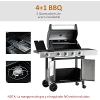 Outsunny Barbacoa de Gas con Ruedas Parrilla con 4+1 Quemadores 3 KW y Mesa Lateral Armario de Almacenaje Acero Inoxidable BBQ 128x50x113 cm Negro Plateado(m-4)