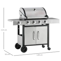 Outsunny Barbacoa de Gas con Ruedas Parrilla con 4+1 Quemadores 3 KW y Mesa Lateral Armario de Almacenaje Acero Inoxidable BBQ 128x50x113 cm Negro Plateado(m-3)