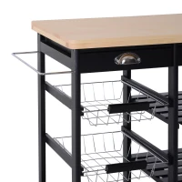 HOMCOM Cărucior de Bucătărie Multifuncțional din Lemn de Pin, 74x37x75 cm, Negru(m-7)