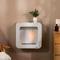 HOMCOM Ethanol-Kamin Bio-Ethanol-Brenner Feuerschale 1L 2,5 Std. Brenndauer 20m² Wandkamin mit Feuerlöschdeckel aus Edelstahl Metall Weiß 48 x 18 x 48 cm(m-2)
