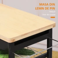 HOMCOM Cărucior de Bucătărie Multifuncțional din Lemn de Pin, 74x37x75 cm, Negru(m-5)