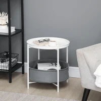 HOMCOM Mesa Auxiliar Moderna con Bandeja y Cesta Extraíble Mesa de Salón Redonda con Marco de Metal 46x46x48 cm Blanco(m-10)