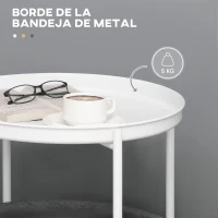 HOMCOM Mesa Auxiliar Moderna con Bandeja y Cesta Extraíble Mesa de Salón Redonda con Marco de Metal 46x46x48 cm Blanco(m-7)