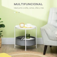 HOMCOM Mesa Auxiliar Moderna con Bandeja y Cesta Extraíble Mesa de Salón Redonda con Marco de Metal 46x46x48 cm Blanco(m-4)