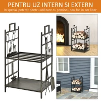 Outsunny Suport Lemne de Foc din Fier Forjat cu Instrumente pentru Semineu si Manere, Baza Suport Lemne Inaltata si Decorata, 51.5x33x77cm - Negru(m-5)
