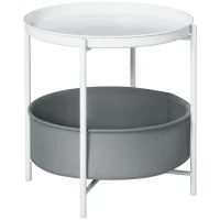 HOMCOM Mesa Auxiliar Moderna con Bandeja y Cesta Extraíble Mesa de Salón Redonda con Marco de Metal 46x46x48 cm Blanco(m-1)
