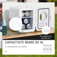 HOMCOM Mini-frigider de 4L/6 cutii, Racitor si incalzitor portabil AC+DC pentru produse de ingrijire a tenului, machiaje, cosmetice, alimente, pentru dormitor, acasa, rulota, masina, Alb(m-6)