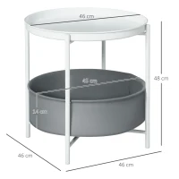 HOMCOM Mesa Auxiliar Moderna con Bandeja y Cesta Extraíble Mesa de Salón Redonda con Marco de Metal 46x46x48 cm Blanco(m-3)