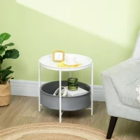 HOMCOM Mesa Auxiliar Moderna con Bandeja y Cesta Extraíble Mesa de Salón Redonda con Marco de Metal 46x46x48 cm Blanco(m-2)