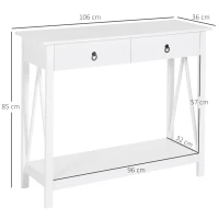 HOMCOM Mesa Auxiliar para la Entrada Con 2 Cajones y 1 Estante Inferior para Gran Espacio de Almacenaje para Muebles de Recibidor Tipo Consola Clásica Vintage 106x36x85cm Blanco(m-3)
